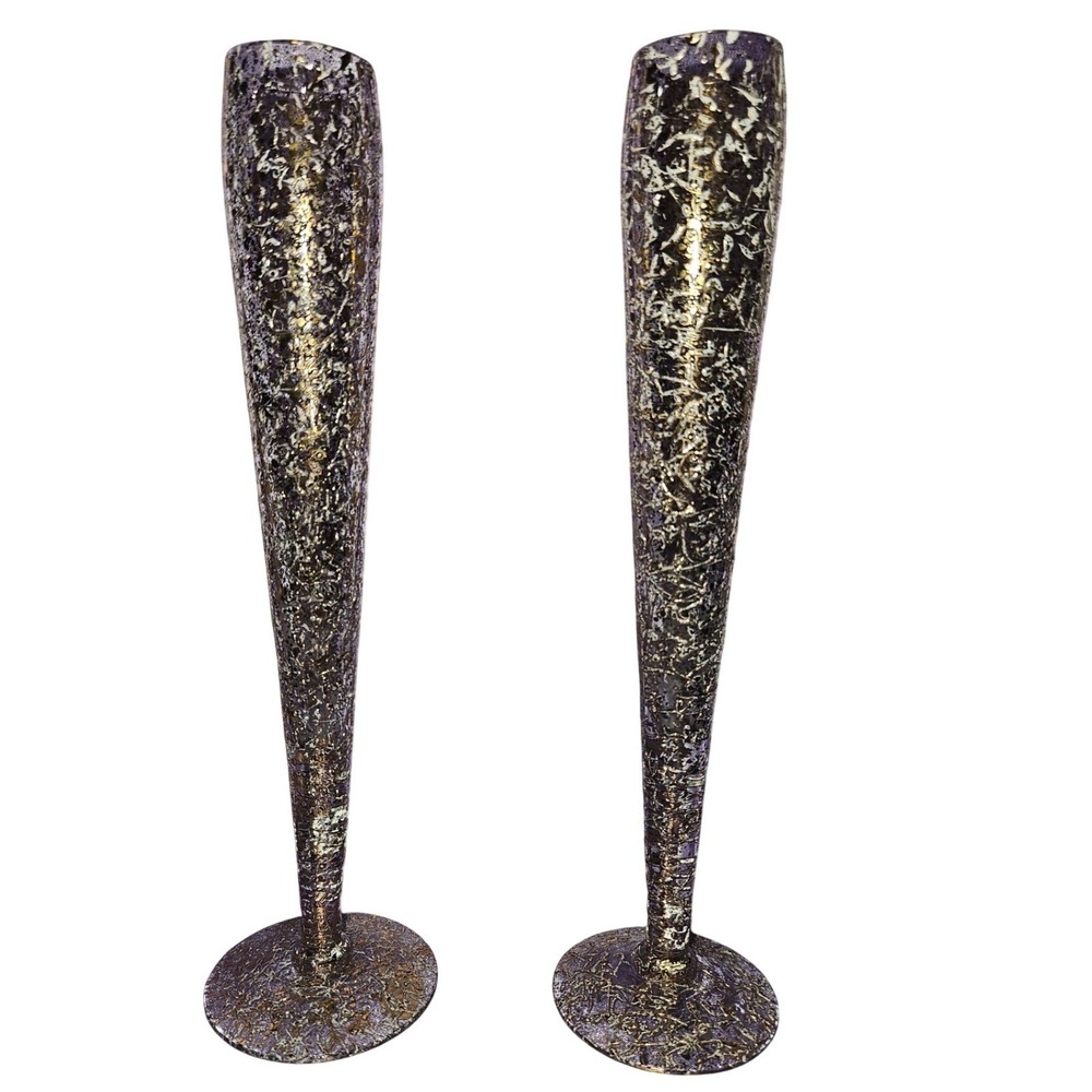 Vintage West Virginia Glass Gold Splatter tall bud vases Set of 2 Hand Made